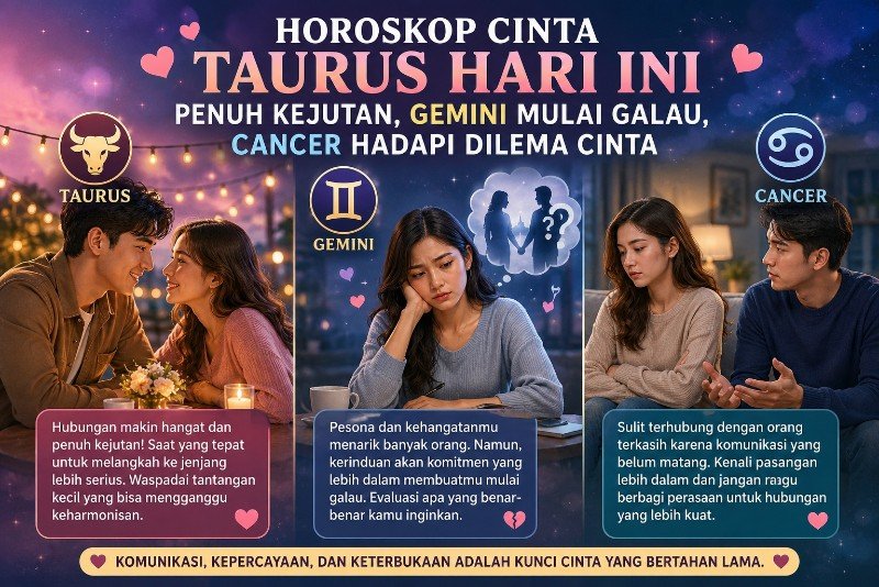 Horoskop Cinta Taurus Hari Ini Penuh Kejutan, Gemini Mulai Galau, Cancer Hadapi Dilema Cinta